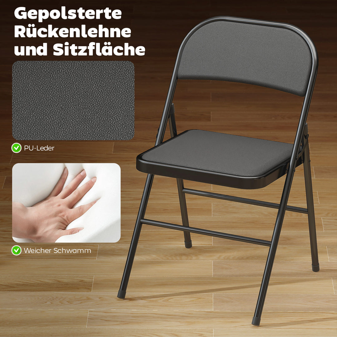 Sæt med 2 klapstole, bærbare kontorstole, stålben, klapstol til kontor, reception, venteværelse, kunstlæder, sort