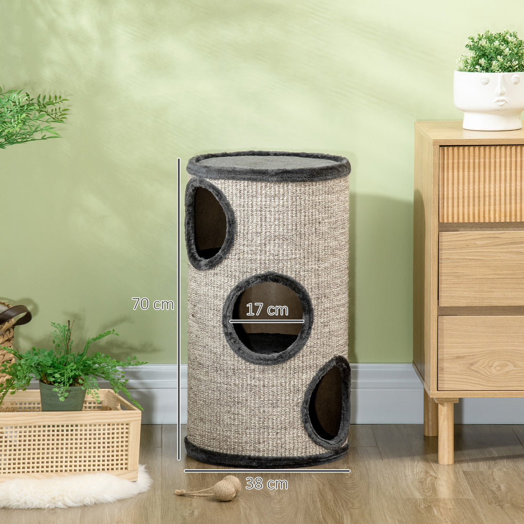 3-Etagers kradsetønde til katte med sisalreb, kradseflade, 38 cm x 38 cm x 70 cm, grå