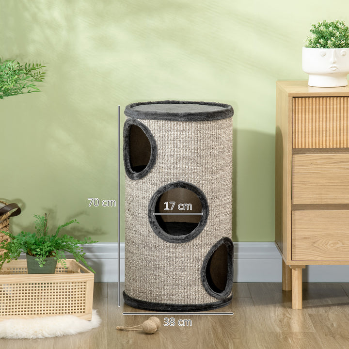 3-Etagers kradsetønde til katte med sisalreb, kradseflade, 38 cm x 38 cm x 70 cm, grå