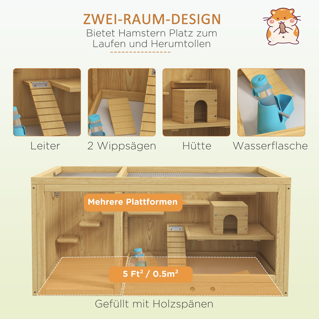 Bur til små dyr, gnaverbur, grantræ, inklusive tilbehør og drikketrug, 100 x 50 x 50 cm, naturtræ