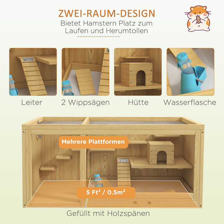 Bur til små dyr, gnaverbur, grantræ, inklusive tilbehør og drikketrug, 100 x 50 x 50 cm, naturtræ
