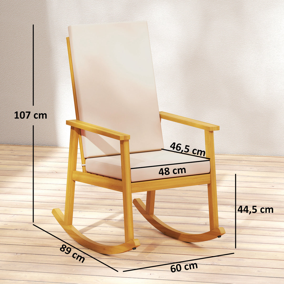 Gyngestol i akacietræ, gyngestol med høj ryglæn, hynde, op til 160 kg, 60 x 89 x 107 cm, beige