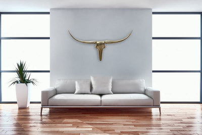 Vægdekoration gevir tyr, L 125 cm, metal, guldfarvet