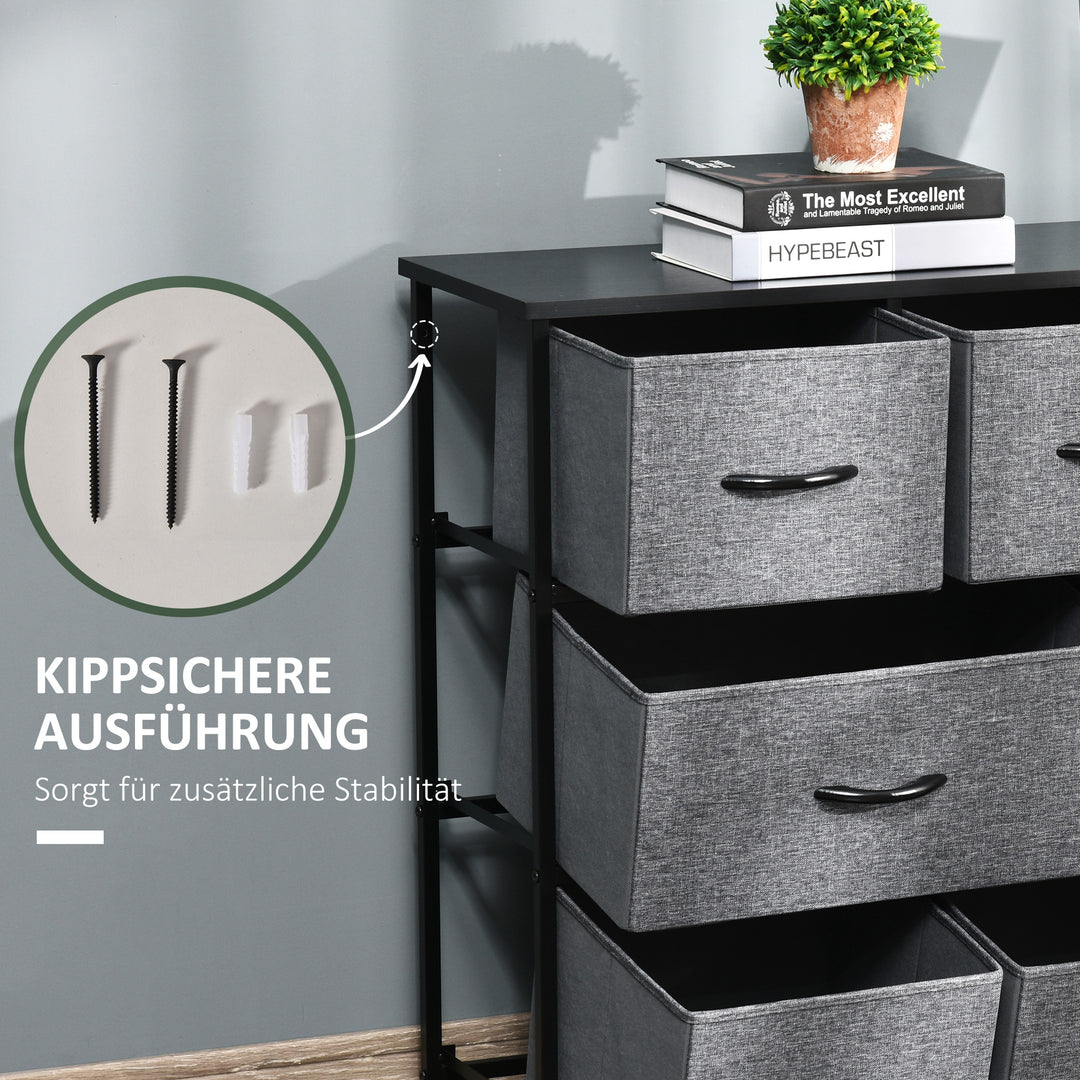 Kommode med 8 stofskuffer, 2 store, 6 små, metalstel, anti-tip, grå
