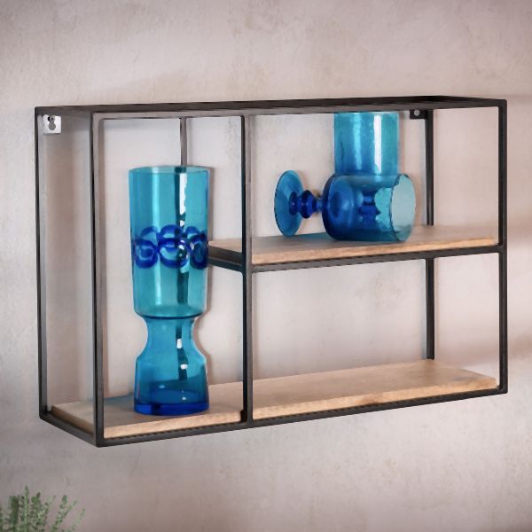 Smukt og industrielt væghængt reol i mangotræ, 60x40x18 cm, brun