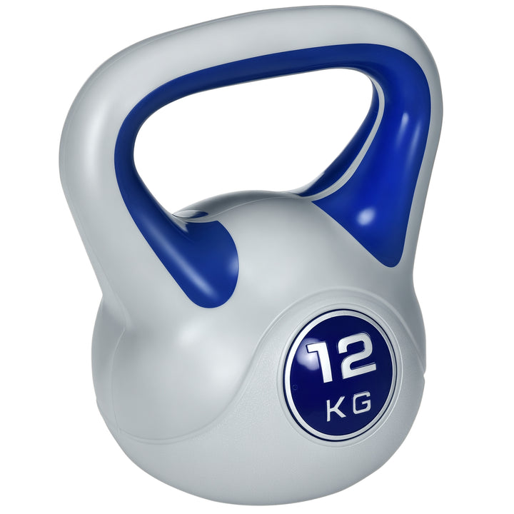 Kettlebell, 12 kg, flad bund, stort håndtag, plastbelægning, blå, 24 x 17 x 28 cm