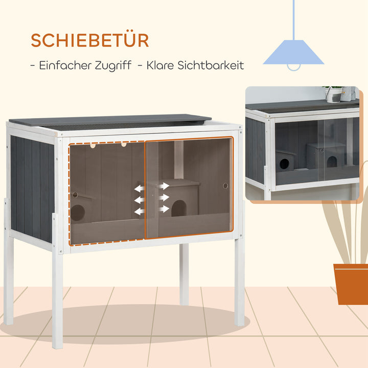 Hamsterbur, 3000 cm² dværghamsterbur lavet af træ og metal, med 2 hytter, skydedøre i akryl, stabil, sikker, grå+hvid