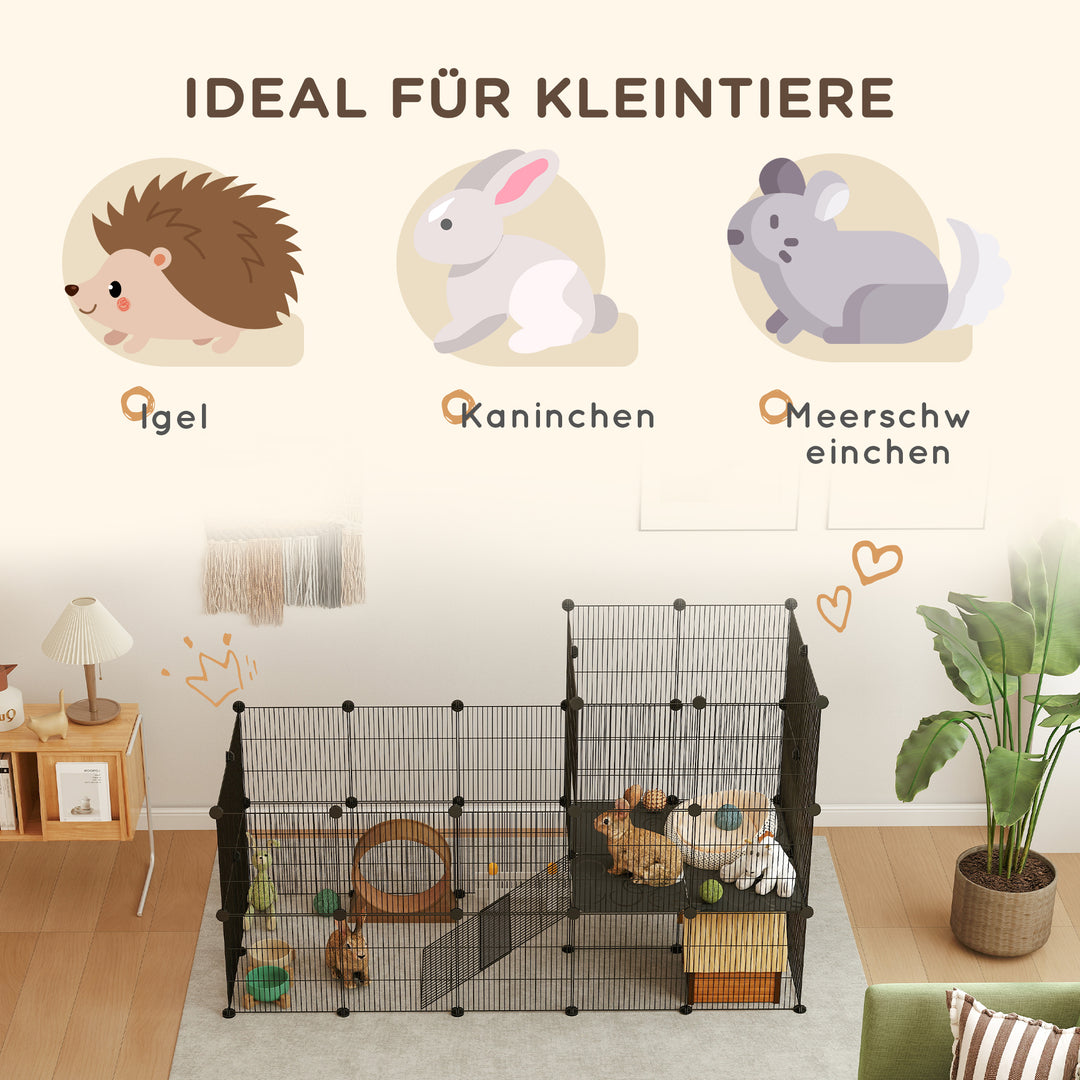 Dværgkaninbur, 39-panelers lille kæledyrsbur med rampe, til små dyr, indendørs, sort