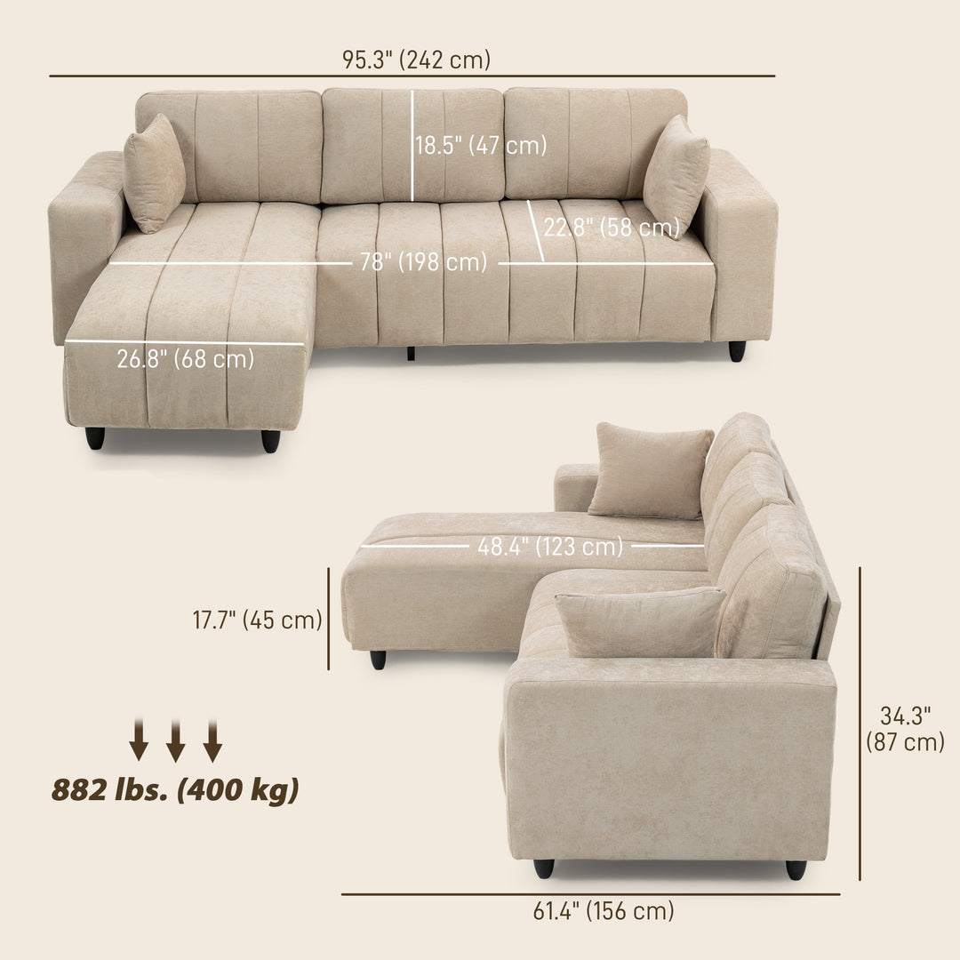 Hjørnesofa, vendbar chaiselong, hynder, 242 x 156 x 87 cm, beige