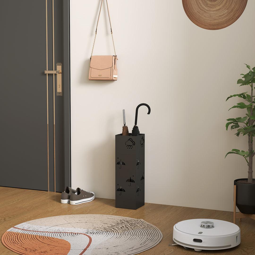 Metalparaplystativ med 4 kroge, sky- og paraplymønster, drypbakke, sort