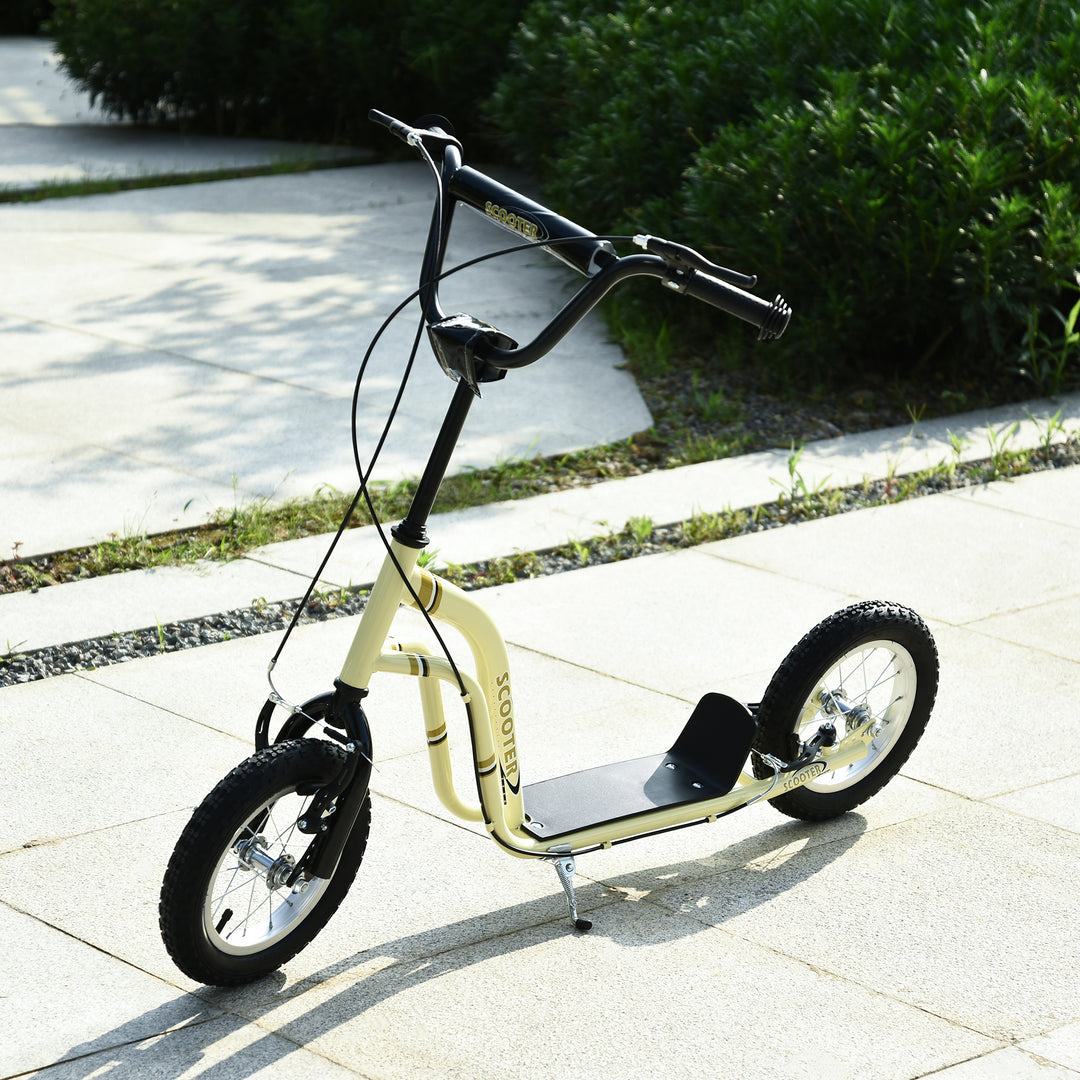 Børneløbehjul fra 5 år, løbehjul, city scooter, børne-sparkbræt med 12-tommer luftdæk, gummi, aluminium, beige, 120 x 58 x 85-95 cm
