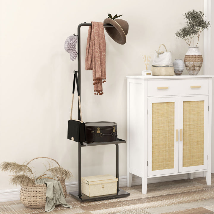 Knagerække, bøjlestang med stopper, 3 kroge, opbevaringsrum, kunststensfod, sort