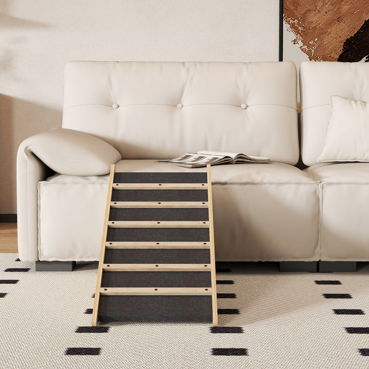 Kæledyrstrappe, hundetrappe, fyrretræ, skridsikker belægning, 90 cm x 40 cm x 45 cm, natur + grå