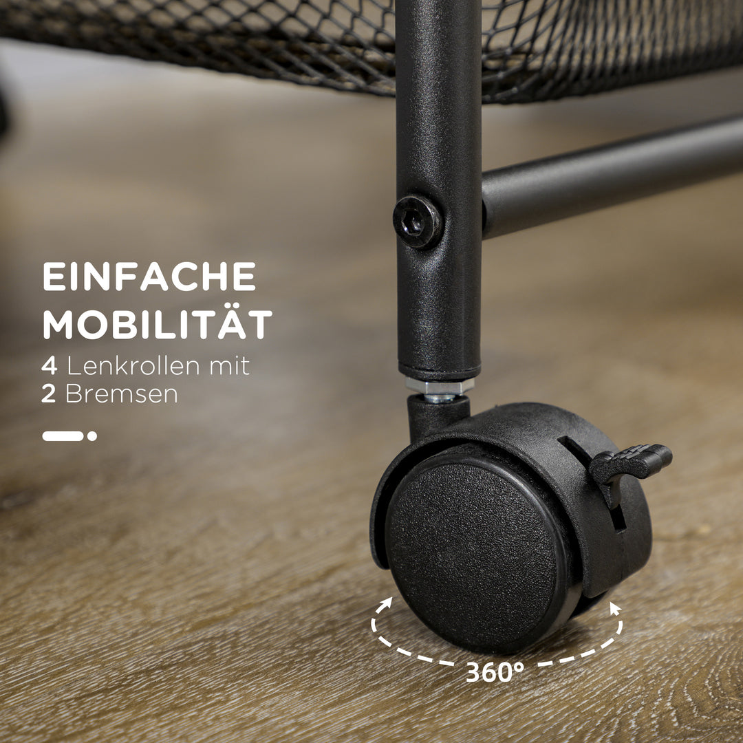 Rullevogn med 4 kurve, køkkenvogn, 4 hjul med 2 bremser, værktøjsvogn, sort, 41,5 x 31 x 66 cm