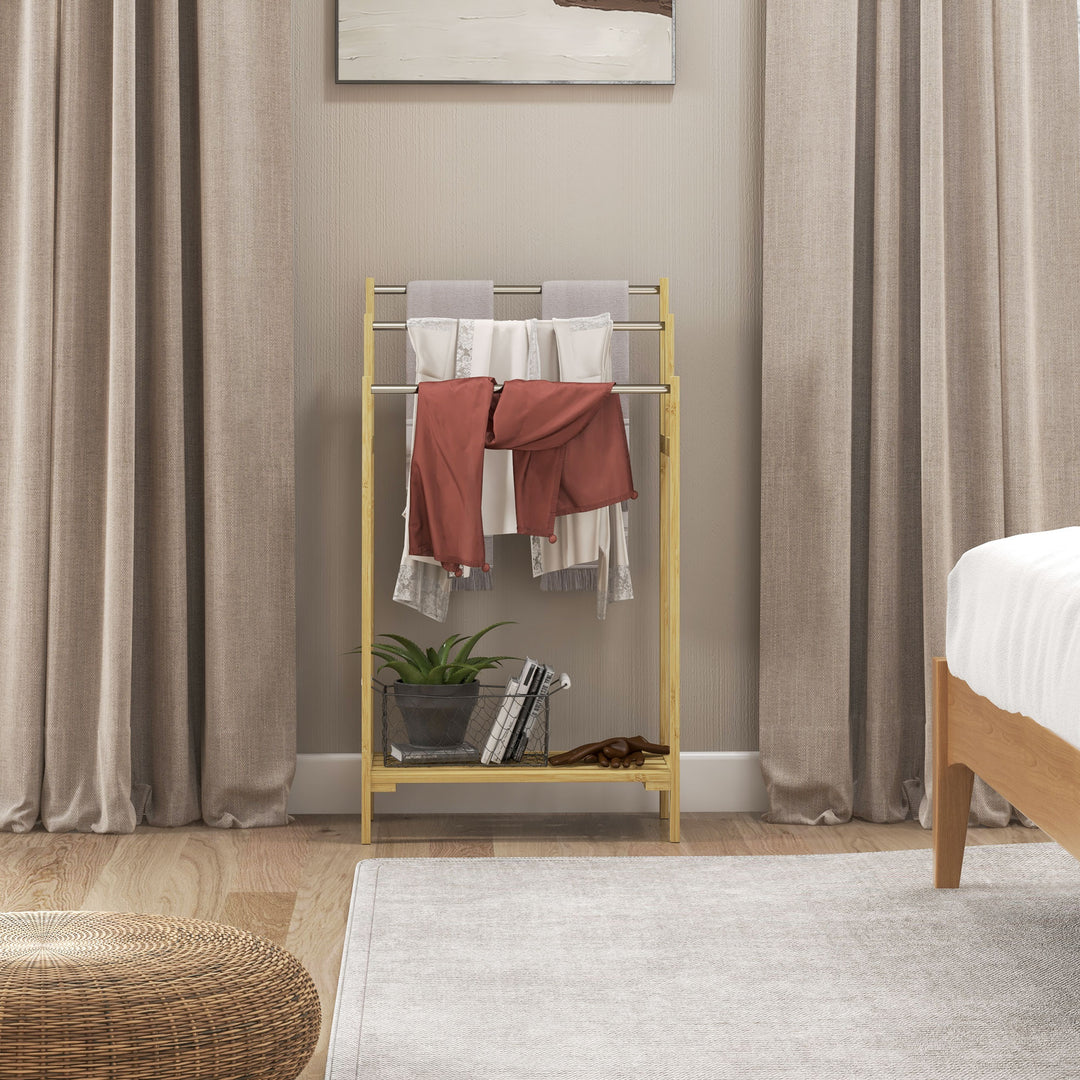 Fritstående håndklædetørrer med 3 stænger, bambus/rustfrit stål, 50,5 x 31 x 90 cm