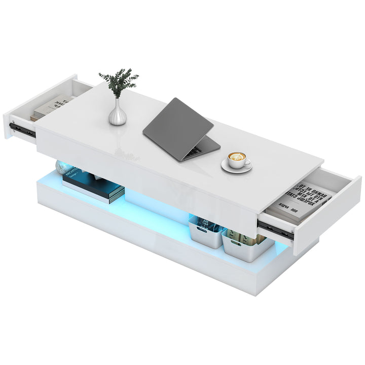 Stuebord med skuffer og led-lys, moderne sofabord med åben hylde, sofabord, spånplade, hvid