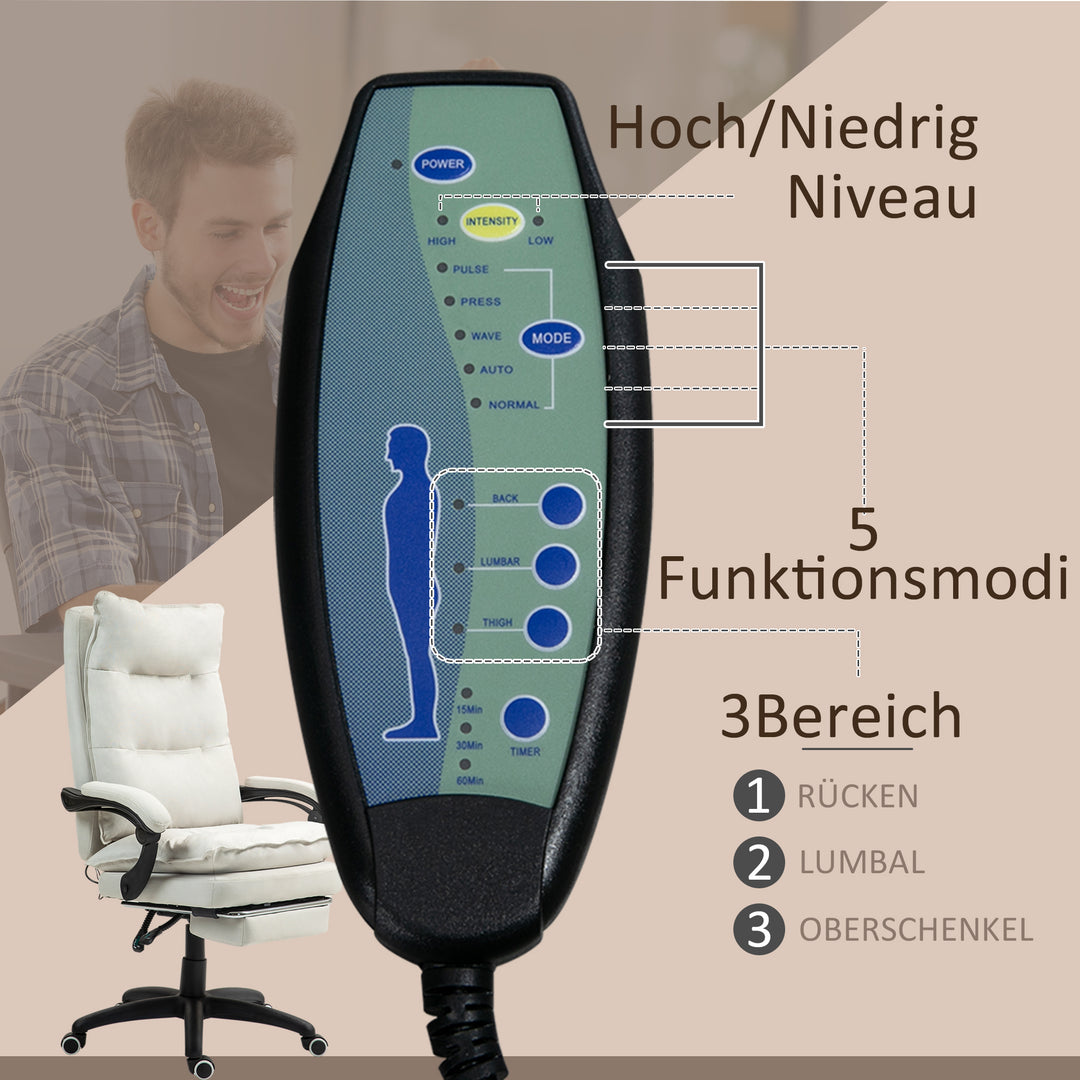 Massagekontorstol, skrivebordsstol med massagefunktion, højdejusterbar, ergonomisk drejestol, nylon, cremehvid
