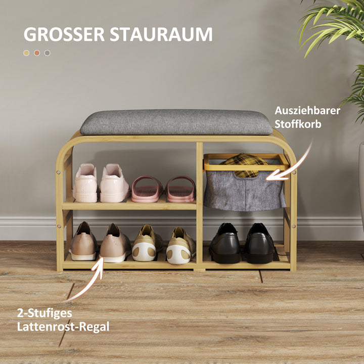 Skobænk med hylder, skoopbevaringsbænk, bambus, polstret sæde, grå