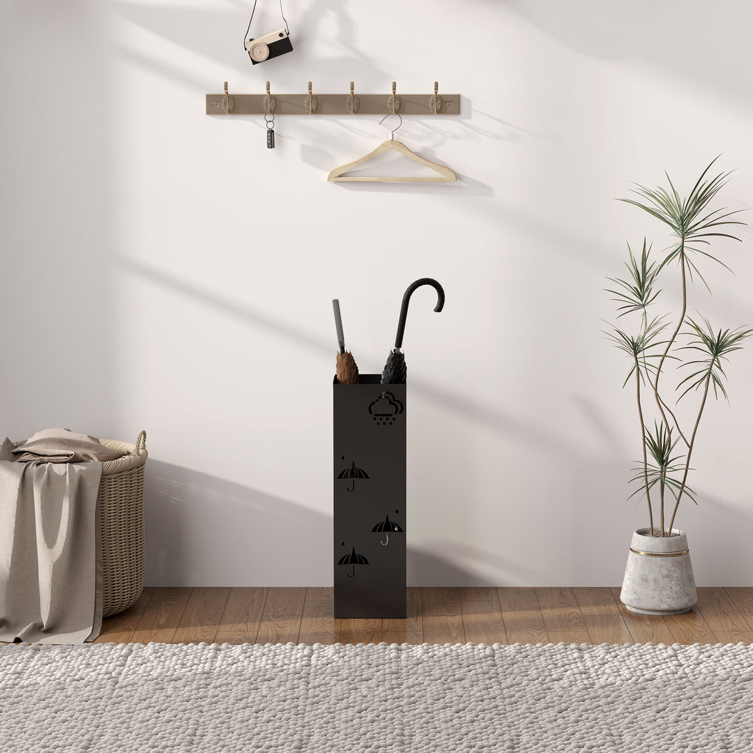 Metalparaplystativ med 4 kroge, sky- og paraplymønster, drypbakke, sort