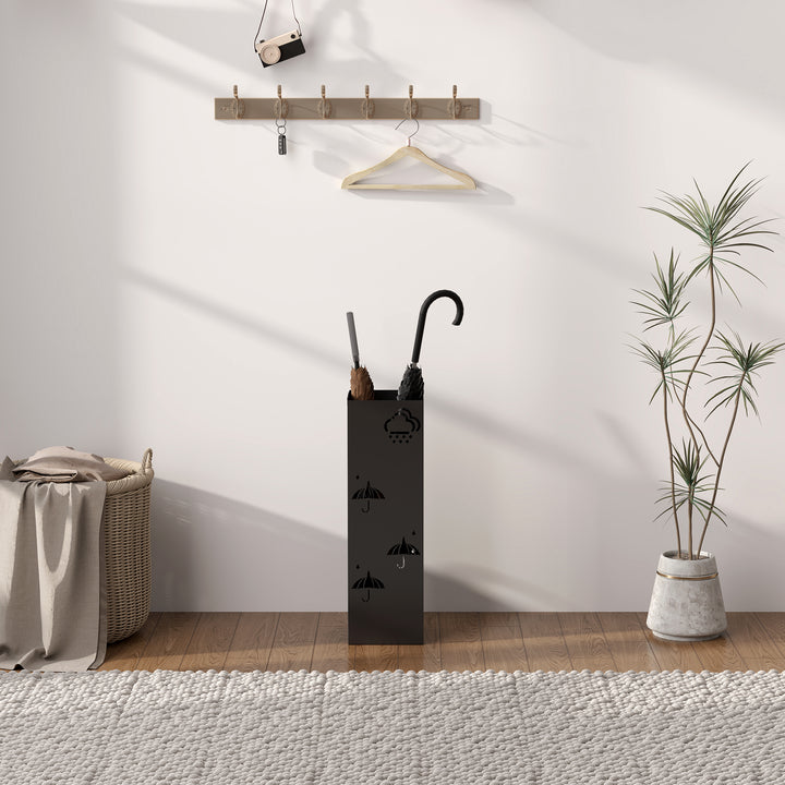 Metalparaplystativ med 4 kroge, sky- og paraplymønster, drypbakke, sort