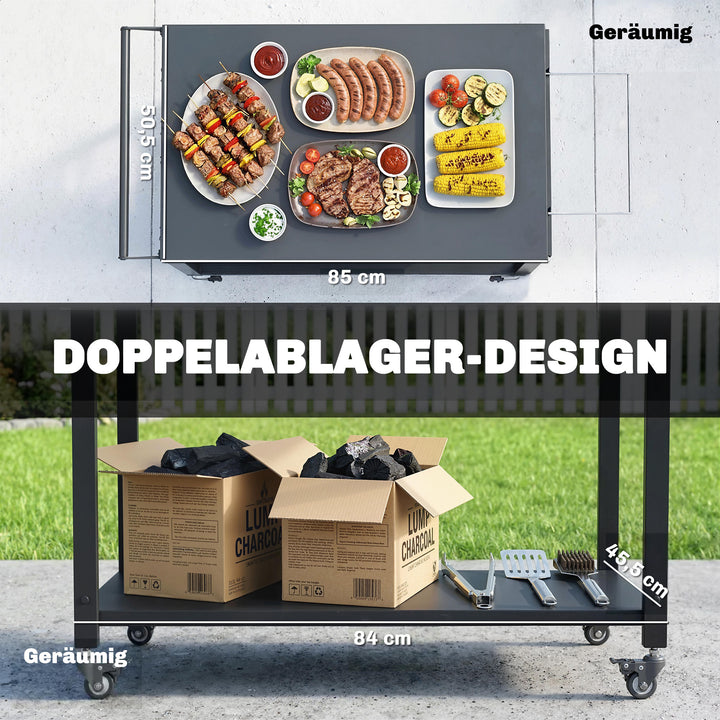 Køkkenvogn med hjul, serveringsvogn i 2 niveauer med affaldsposeholder, kroge, håndtag, 113 x 50,5 x 88 cm, sort