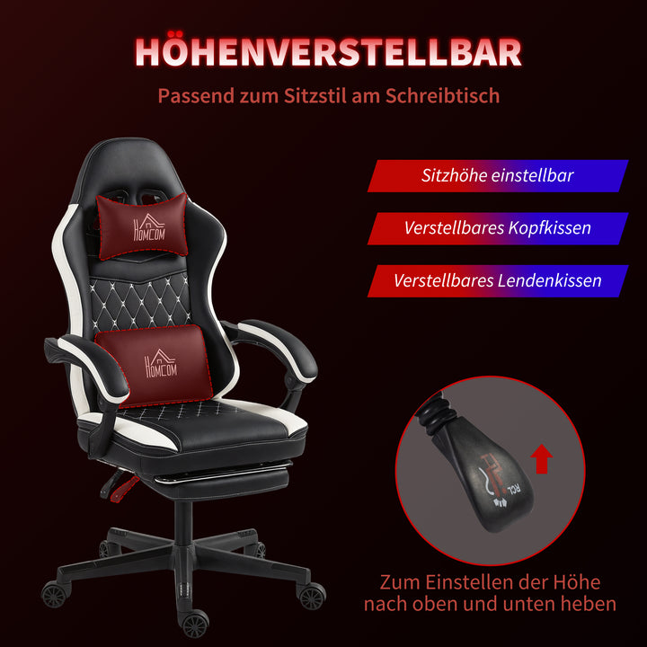 Gamingstol med fodstøtte, computerstol med nakkestøtte og hynde, betræk i kunstlæder, drejelig, højdejusterbar, metal, plastik, sort og hvid