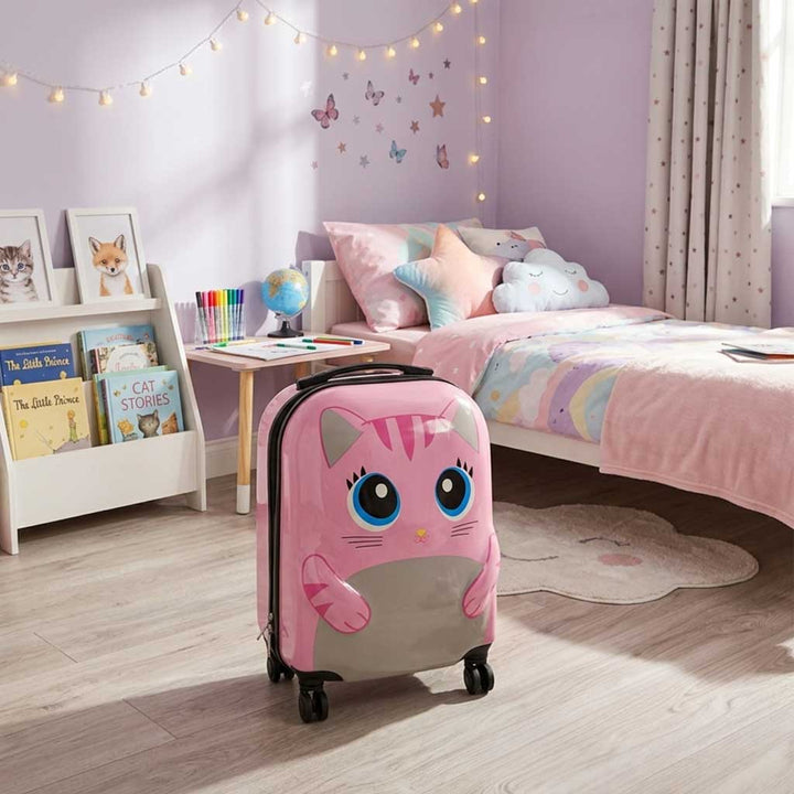 Børne kuffert på hjul, kat, pink
