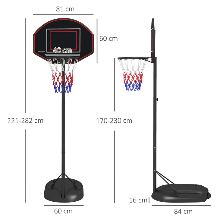 Basketballstativ, højdejusterbar, robust, 1,7-2,3 m kurvhøjde, stålramme, sort