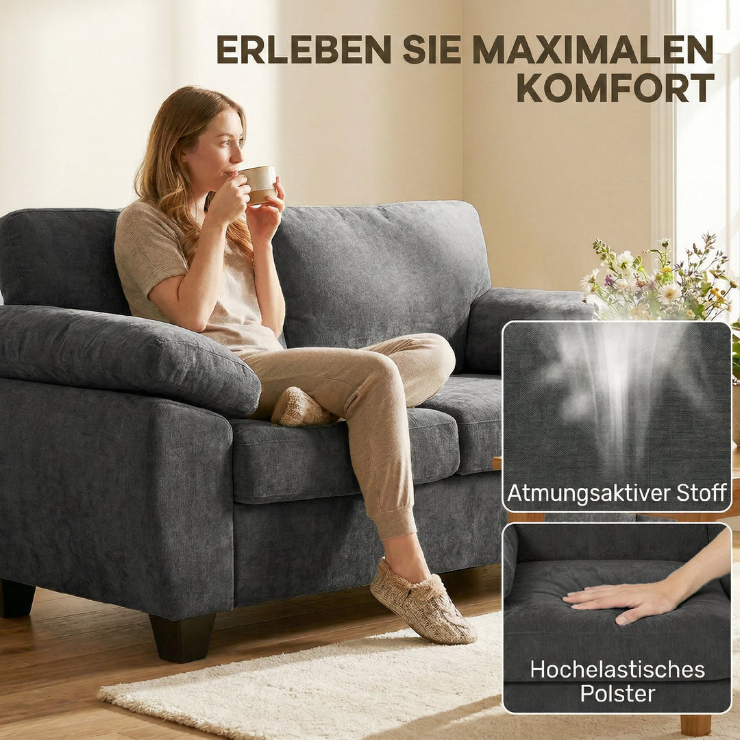 2-personers sofa, 156 cm chenillesofa med tykke fjederkernehynder, brede polstrede armlæn, 300 kg lasteevne, mørkegrå