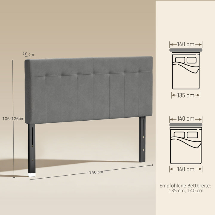 Sengegavl med 3 højdejusteringer, sengegavl med metalben, fløjlslook til soveværelse, 140x10x106/116/126 cm, grå