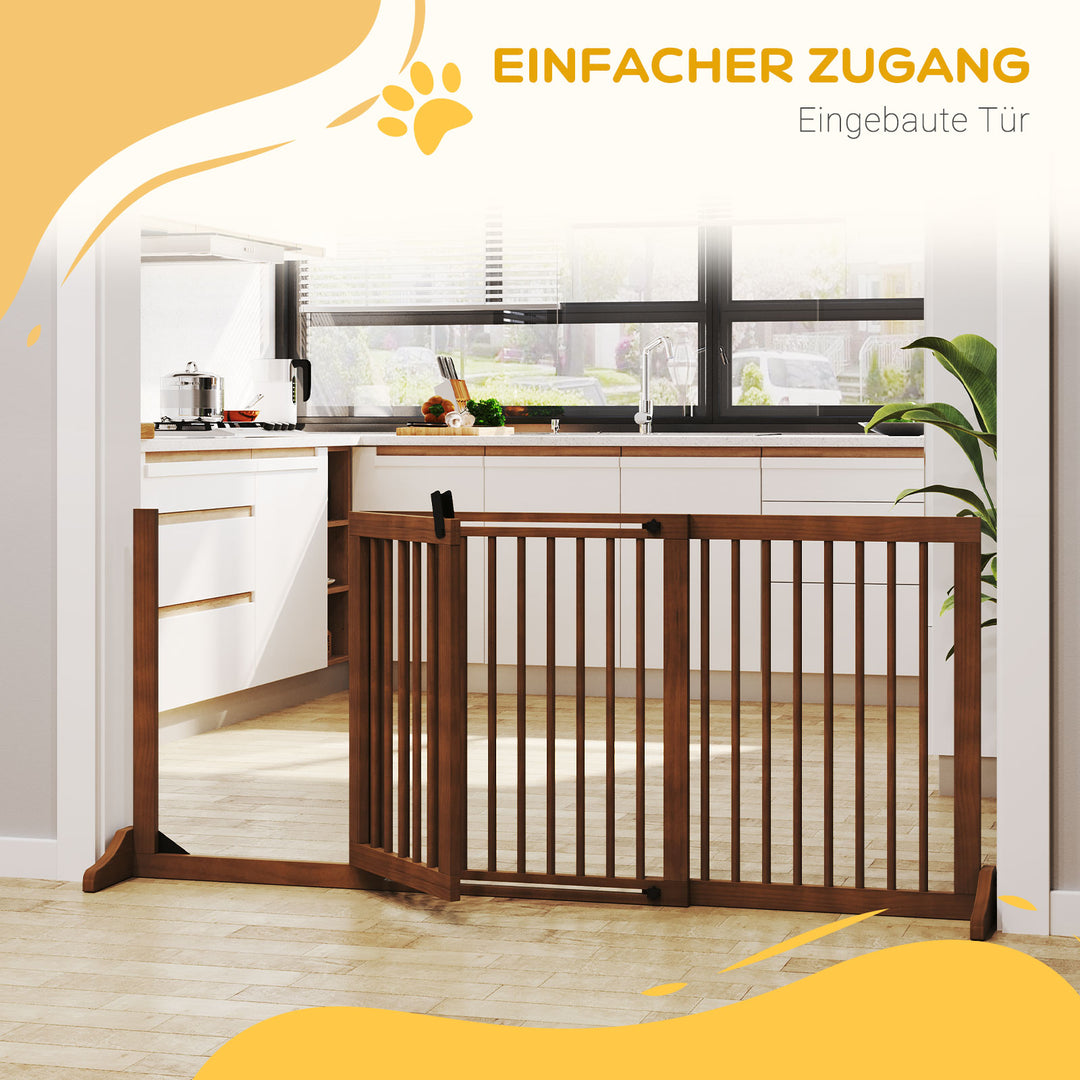 Hundegitter dør sikkerhedsgitter træ fritstående hundegitter med dør hundebarrier konfigurationsgitter til pejs og komfur brun 113-166 x 36 x 71 cm