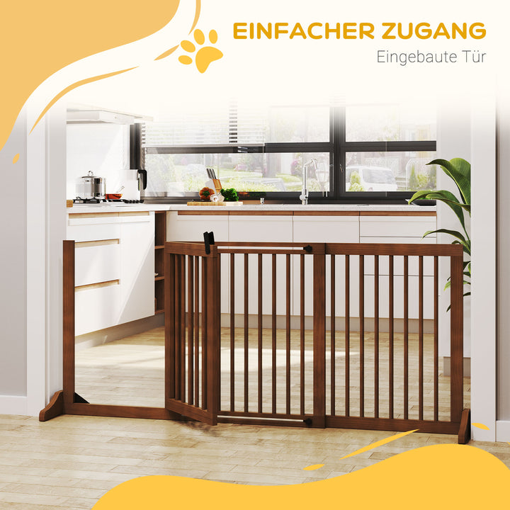Hundegitter dør sikkerhedsgitter træ fritstående hundegitter med dør hundebarrier konfigurationsgitter til pejs og komfur brun 113-166 x 36 x 71 cm