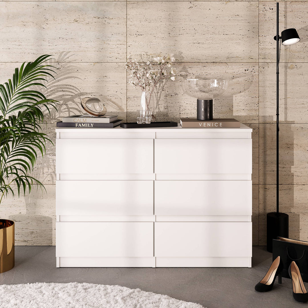 GABRIEL – kommode med 6 skuffer – mat hvid – H71 cm B100 cm D33 cm