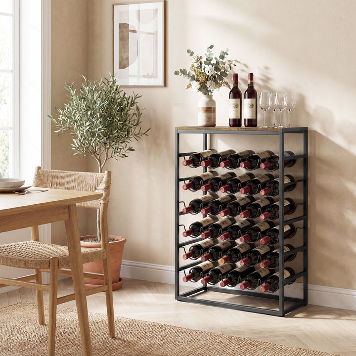 Vinreol til 30 flasker, fritstående metalflaskereol til kælder/opbevaringsrum, 59 x 30 x 88,5 cm, rustik brun