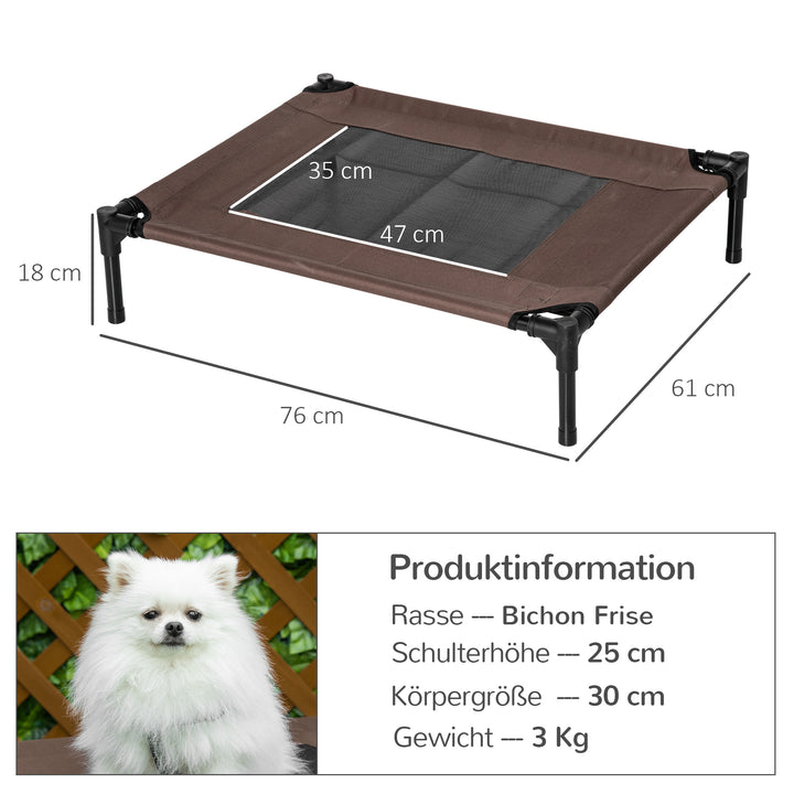 Udendørs hundeseng, hævet hundeseng til mellemstore og store hunde, robust kæledyrsseng med vaskbart net, katteseng, kæledyrsseng til udendørs camping, 76 x 61 x 18 cm, brun