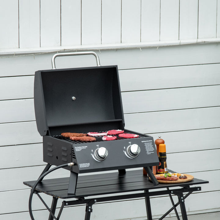 Bordgasgrill med 2 brændere, mobil grillvogn, grillnet, lille udendørs bordgasgrill til picnic, med trykregulator, slange, rustfrit stål, sort, 55 x 46,5 x 41 cm