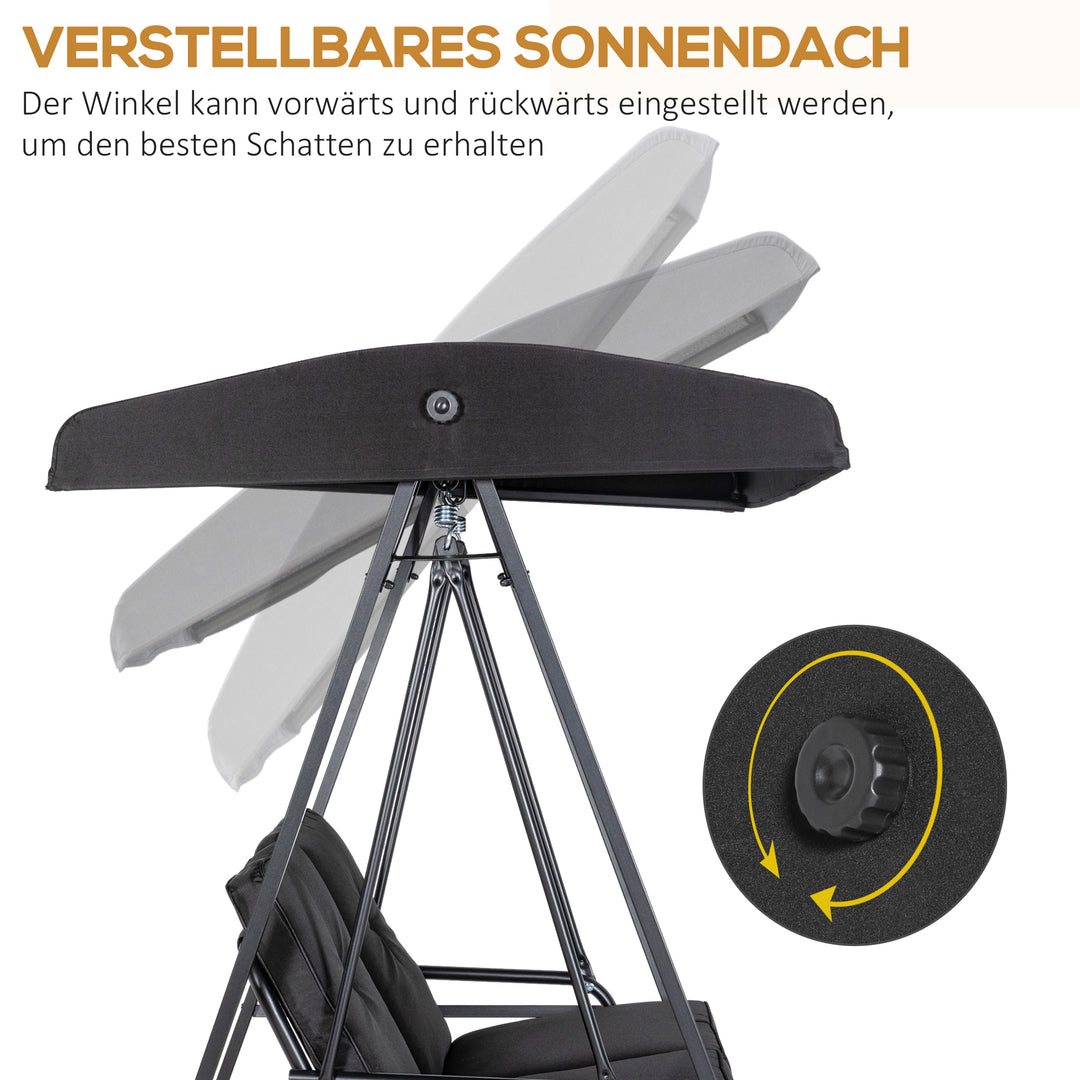Hollywood gynge, 2-personers havegynge med justerbar baldakin, lasteevne op til 220 kg, 145 x 116 x 172 cm, sort