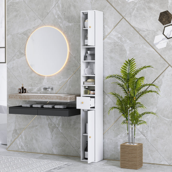 Badeværelsesskab, højt og slankt, åbne og lukkede rum, hvid