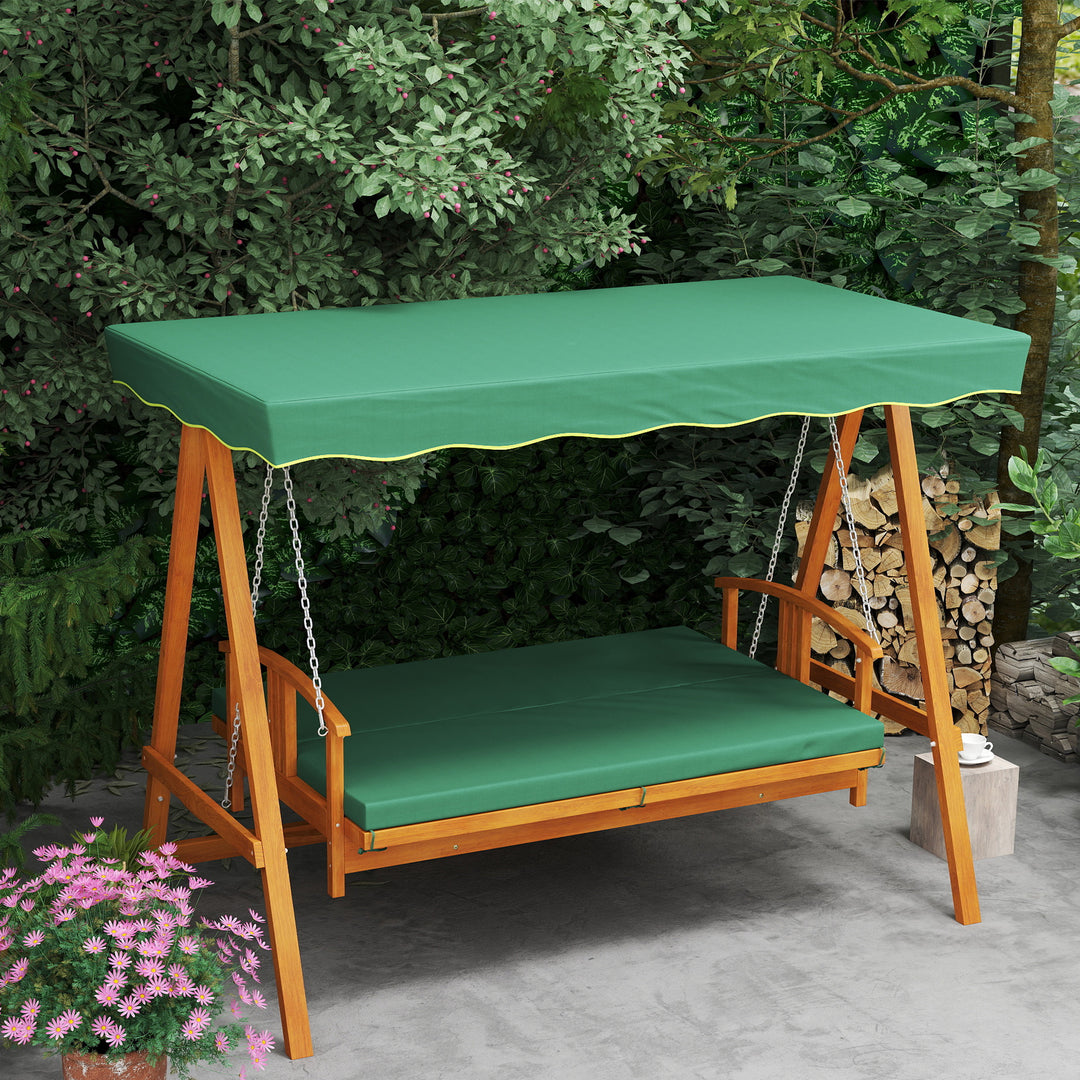 Verandagynge med soltag, havegynge i ægte træ, gyngebænk med lænefunktion, til 3 personer, mørkegrøn