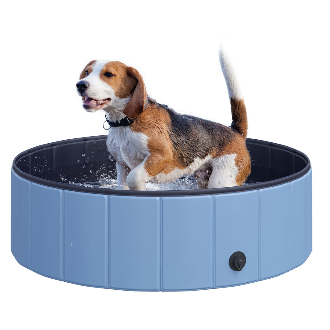 Sammenklappeligt hundebadekar, hundepool, swimmingpool, børnepool, badekar til hunde og katte, vandbassin af plastik og træ, Ø100 x H30 cm, blå
