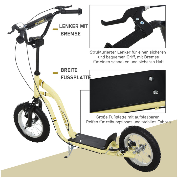 Børneløbehjul fra 5 år, løbehjul, city scooter, børne-sparkbræt med 12-tommer luftdæk, gummi, aluminium, beige, 120 x 58 x 85-95 cm