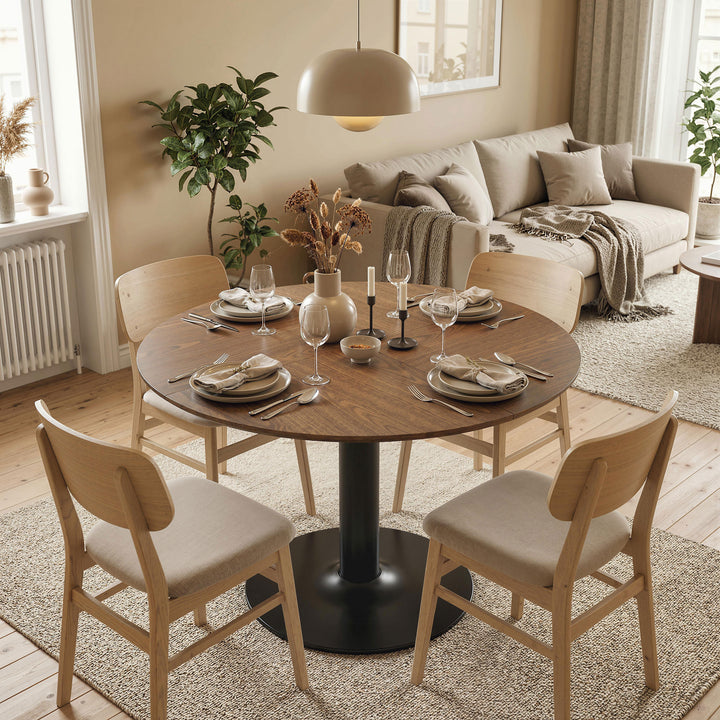 Rundt spisebord til 6 personer, 110 cm. Moderne køkkenbord med piedestal til stuen, brun træstruktur.