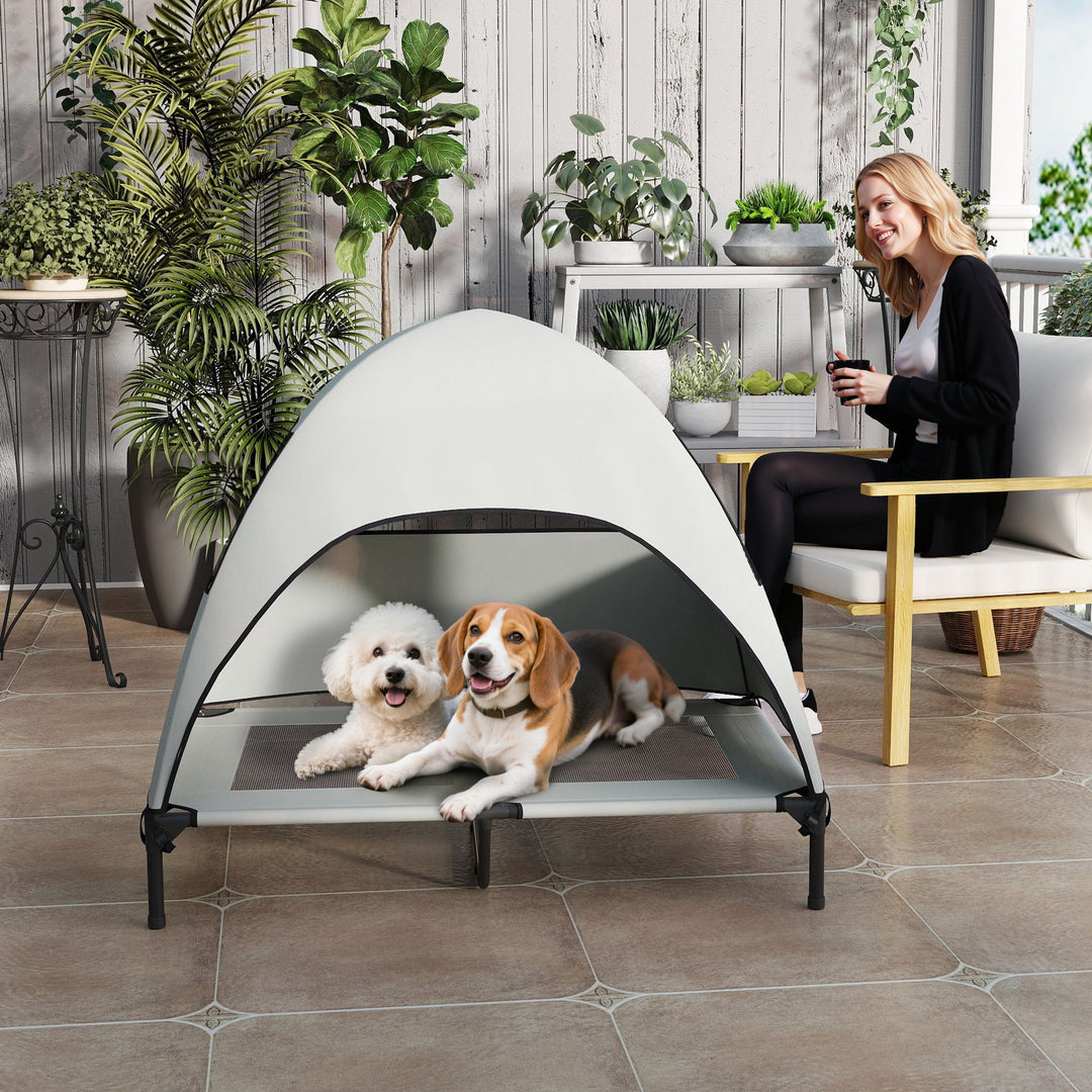 Udendørs hundeseng med tag, hævet hundeseng til store hunde, 106 x 76 x 99 cm, lysegrå