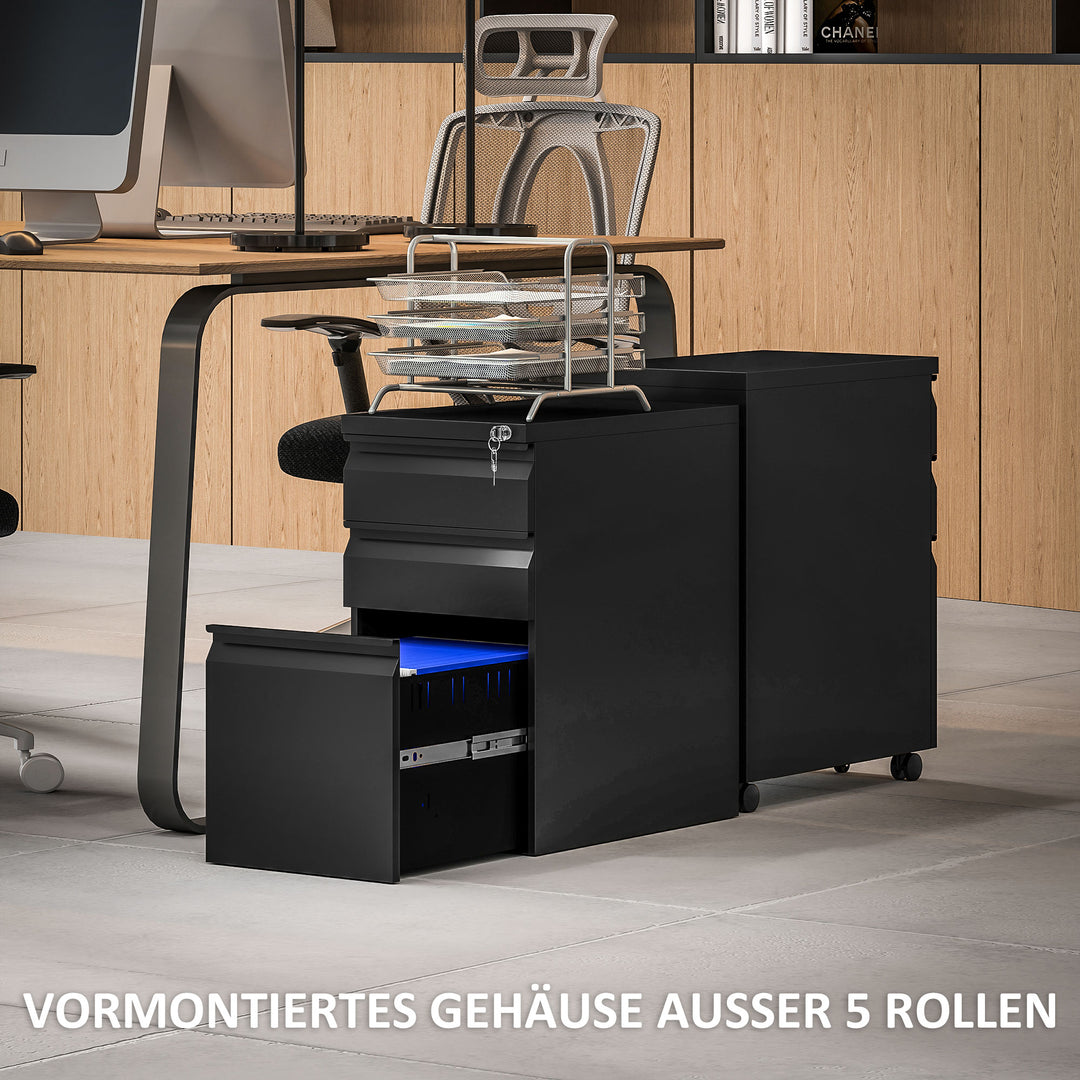 Metal arkivskab, kontorskab, 3 skuffer, på hjul, sort