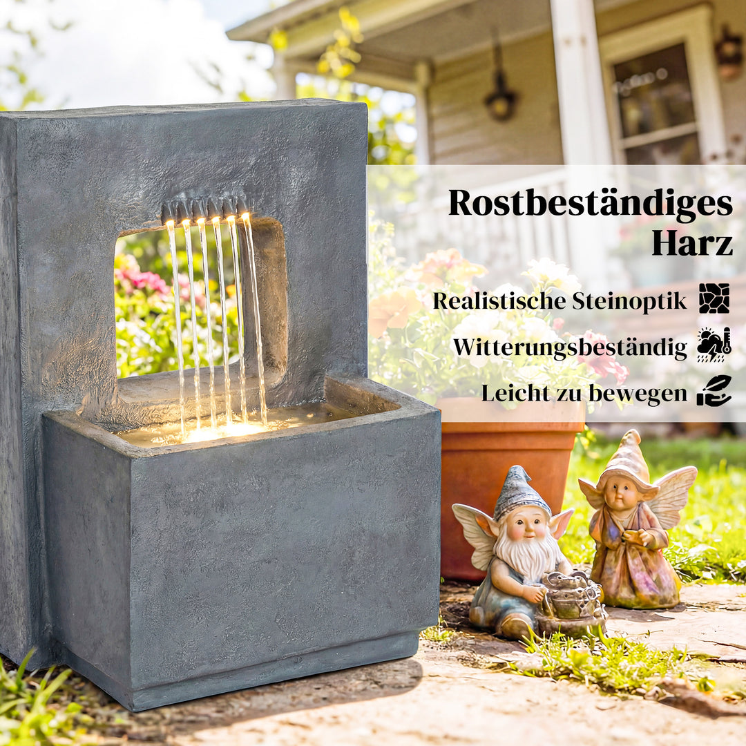 2-lags havefontæne med LED-belysning, plantekasse, pumpe, stenlook, justerbar, 45 x 31,5 x 58,5 cm