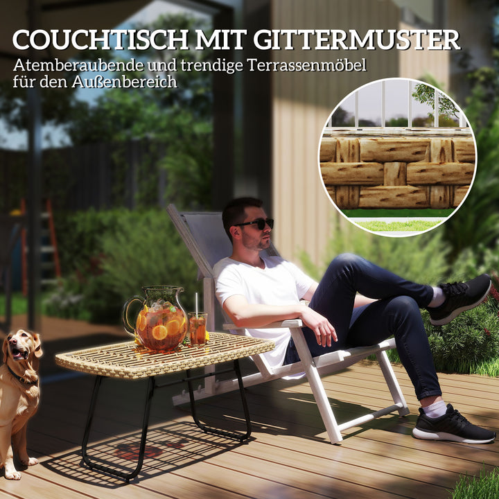 Polyrattan havebord, 90 x 50 x 45 cm, UV-bestandigt sidebord med glasplade, naturtræ