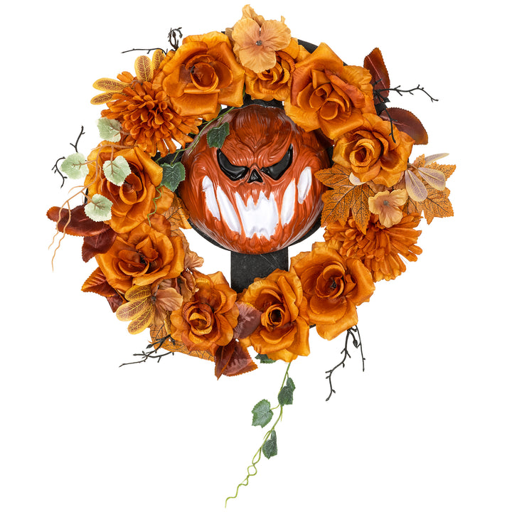Halloween-krans, uhyggeligt græskardesign, efterårsblade, lyseffekter, plastik
