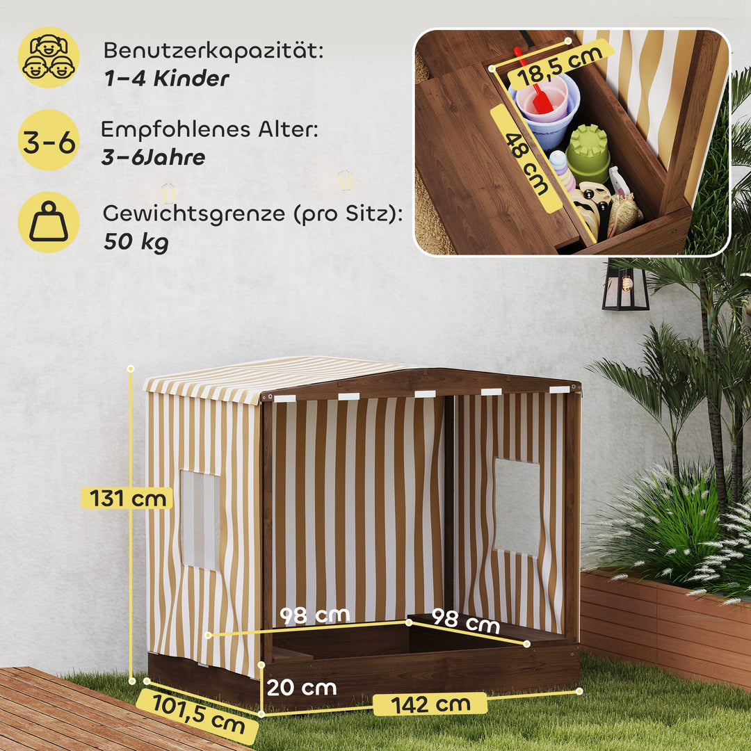 Sandkasse, sandkasse med baldakin og netdør, bænke, gulvbeskyttelse, brun