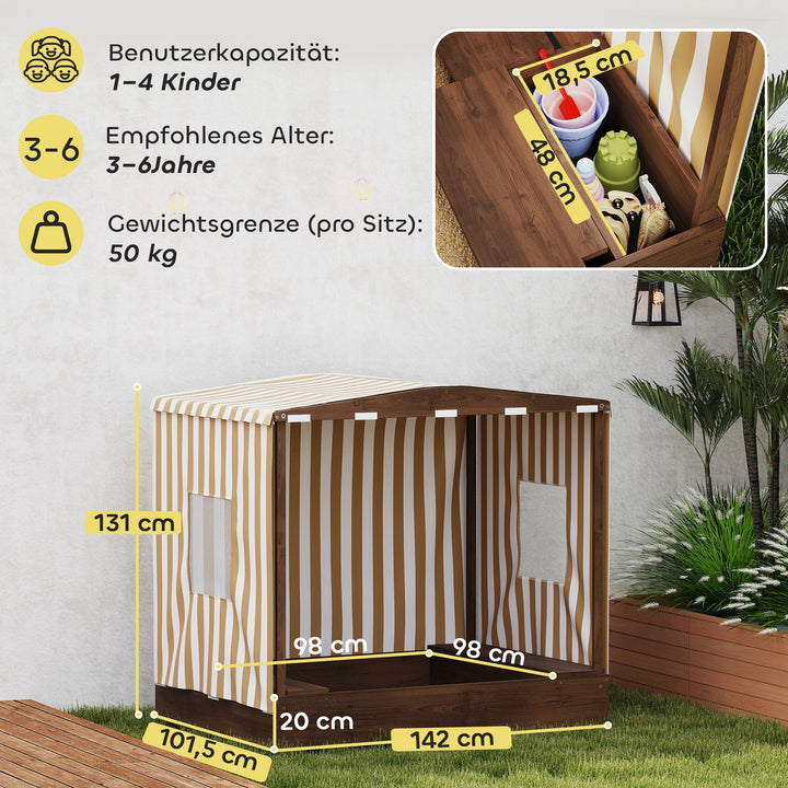 Sandkasse, sandkasse med baldakin og netdør, bænke, gulvbeskyttelse, brun