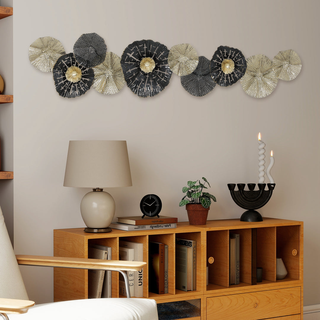 Vægkunst, vægdekoration med metalramme, moderne stil, sort og guld